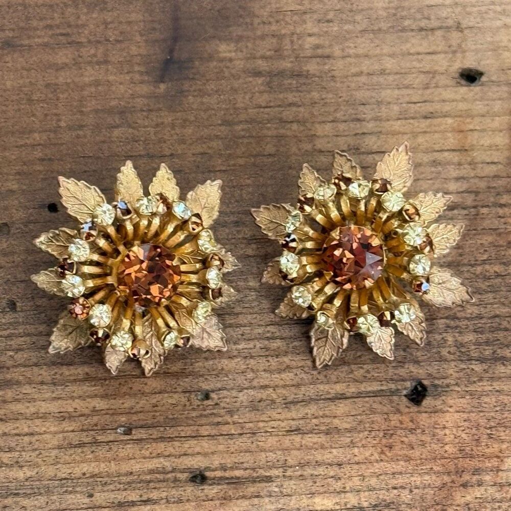 Vintage 50s Miriam Haskell Amber Rhinestone Gold Leaf Clip On Earrings Signed